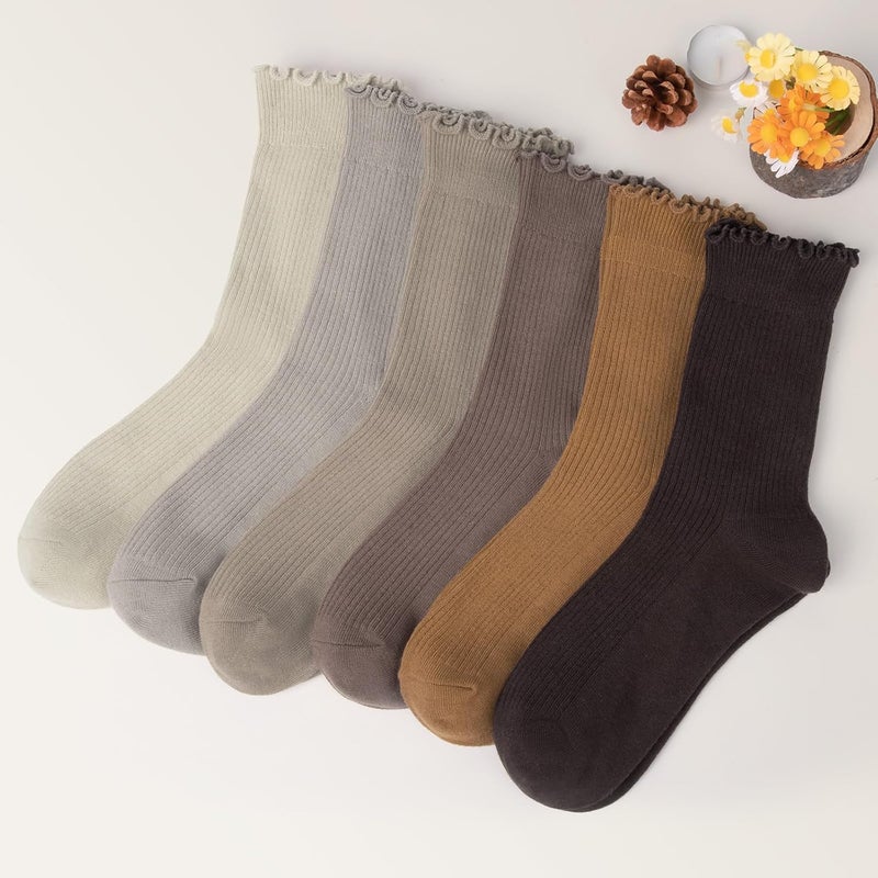 Socksfad Store 6 Pairs Cute Floral Ruffle Crew Socks Women, Breathable Cotton Novelty Casual Girls Above Ankle Funny Socks US 5-10 - Image 2
